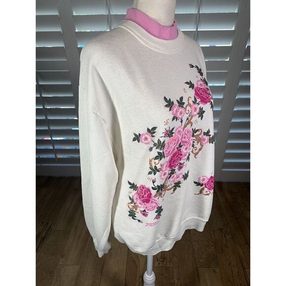 Vtg Grandma Core Double Collar White Pink Flowers Sweatshirt M/L K Hamilton - Picture 6 of 12